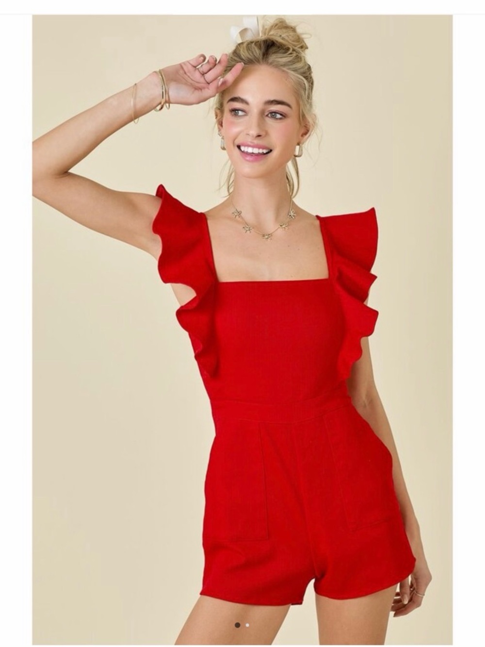 Red Ruffle Strap Romper - Women